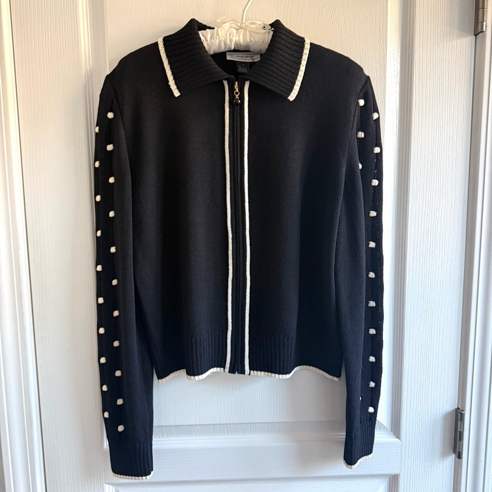 St. John Sport Santana Knit Jacket Black w/ White Popcorn Stitch Full Zip Sz 8